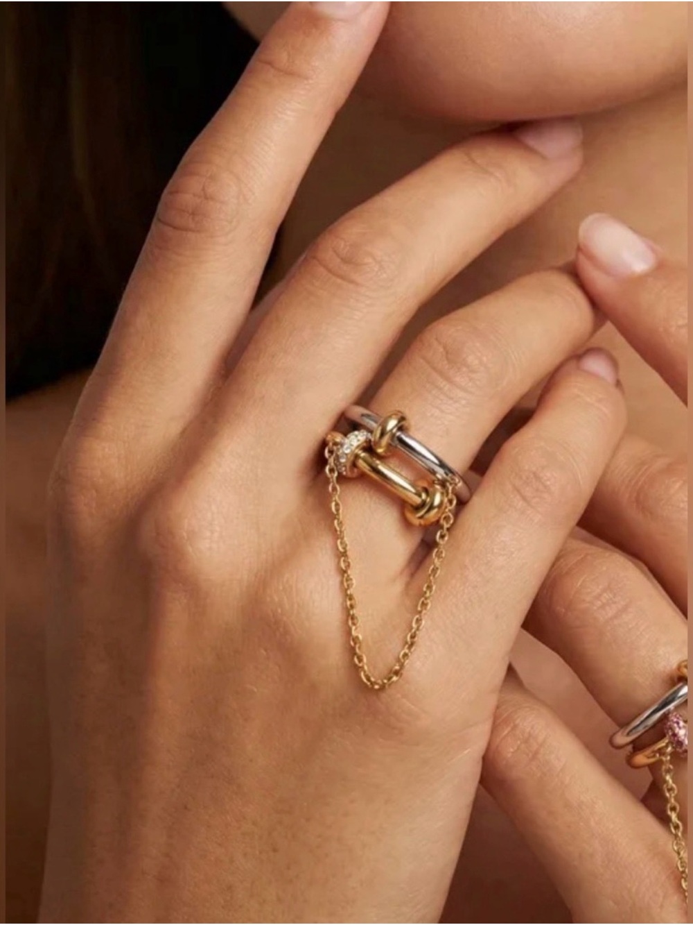 Two-tones Dangle Ring — Gold and Silver Stainless Steel Hypoallergenic